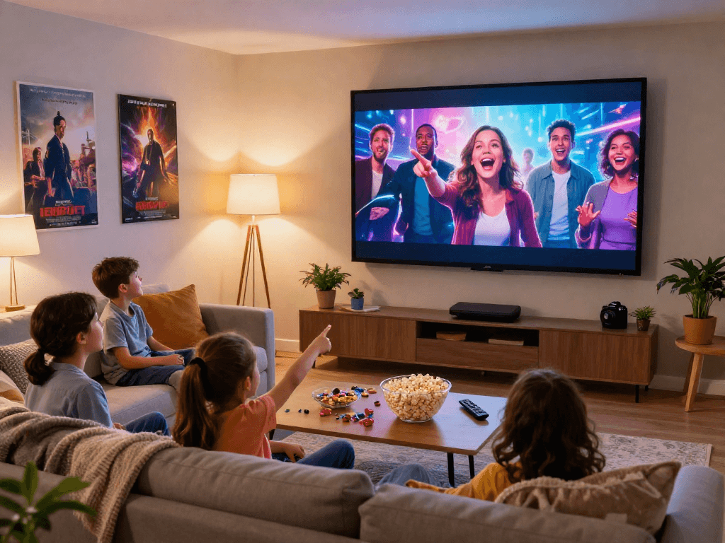 Family enjoying a movie night with Moviebox in a cozy living room