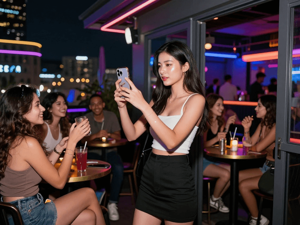Gái gọi trong buổi tiệc đêm tại hộp đêm sôi động, tạo dáng tự tin với ánh đèn neon.