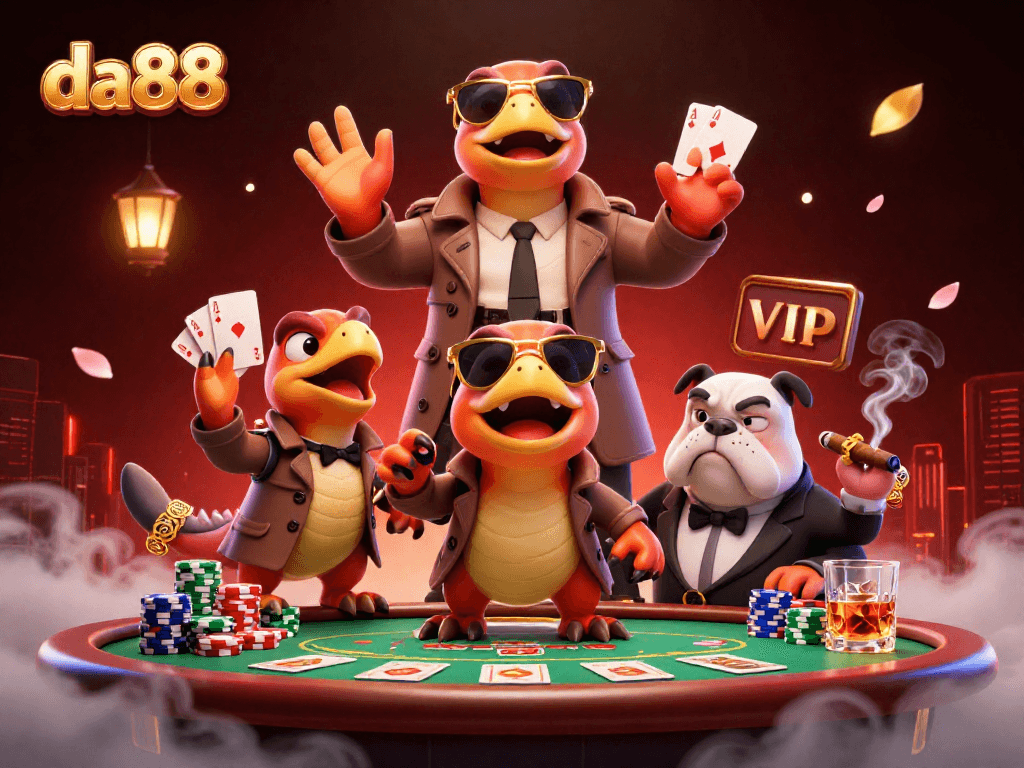 Experience thrilling poker action at da88 with cartoon raptors in a trench coat and a bulldog bouncer.