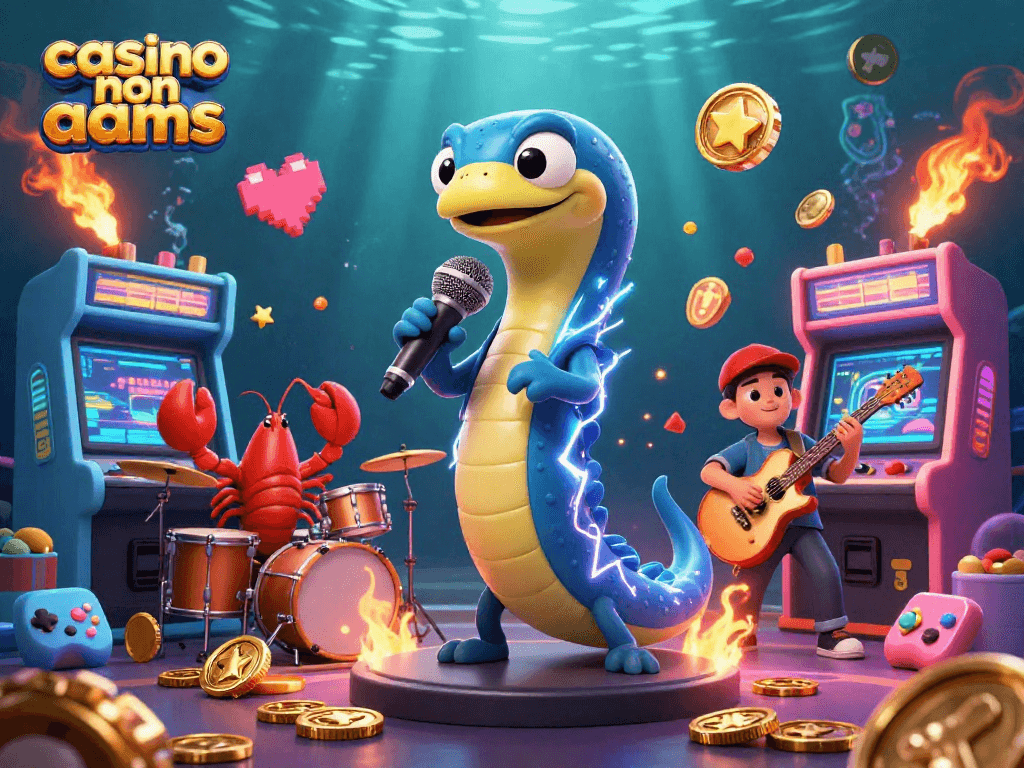 Gioca nel fantastico mondo del casino non aams con un'illustrazione 3D di un'elettrica anguilla DJ, un granchio batterista e un cavalluccio marino chitarrista.