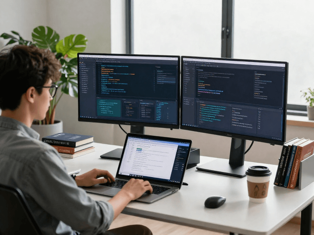 Dynamic workspace showcasing AI software aggregator tools and technology in a modern office.