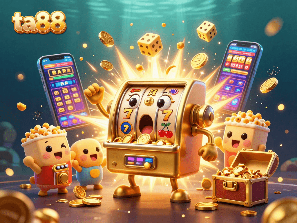 ta88 slot machine celebrating a jackpot, amidst coins, symbols, and golden confetti in a vibrant casino illustration.
