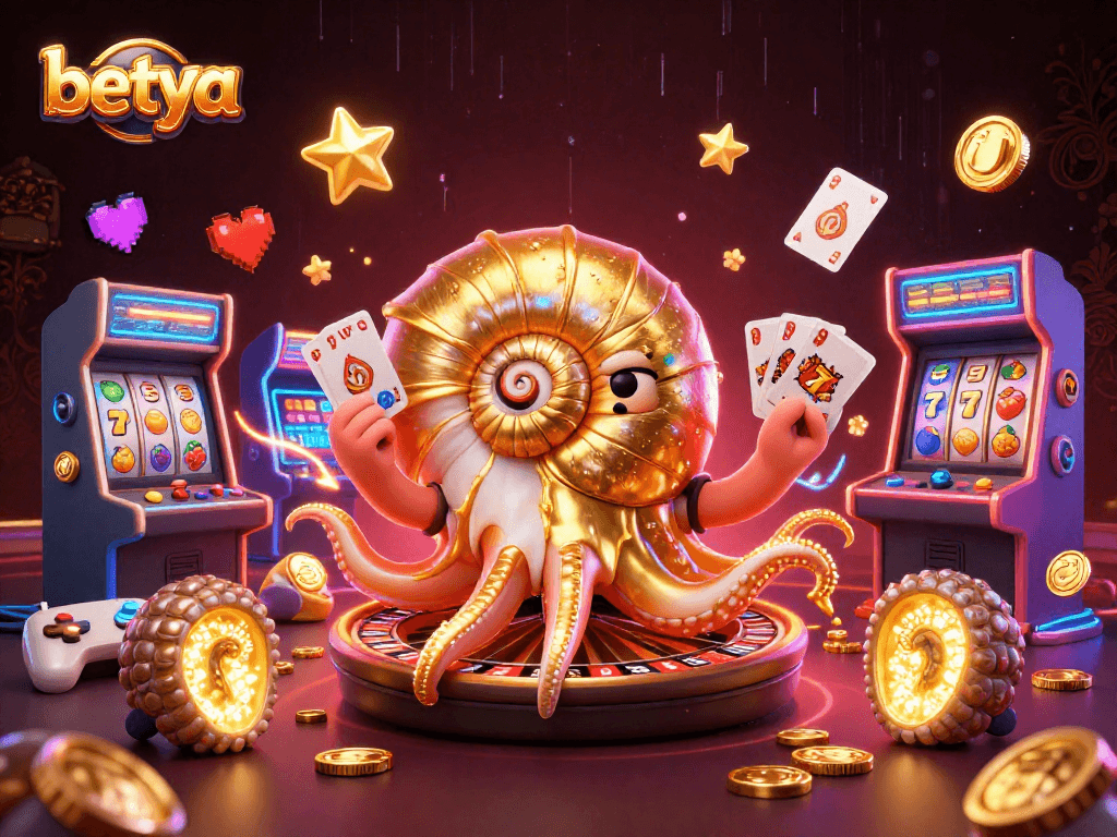 Betya's vibrant slots world with a giant nautilus roulette wheel and glowing treasures.