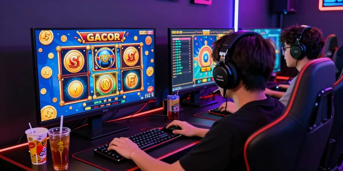 Excited player exploring slot gacor games on dual screens with vibrant graphics and ambient LED lighting.