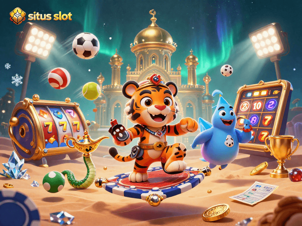 Situs slot dengan sultan harian malam yang terbang di karpet chip poker, dikelilingi simbol permainan yang menarik.