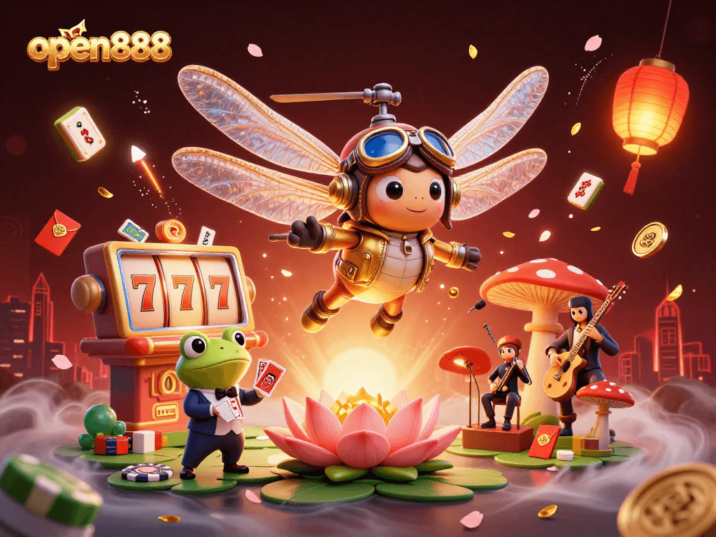 Engage with open888 at a vibrant lily pad casino featuring dynamic 3D characters and game elements.