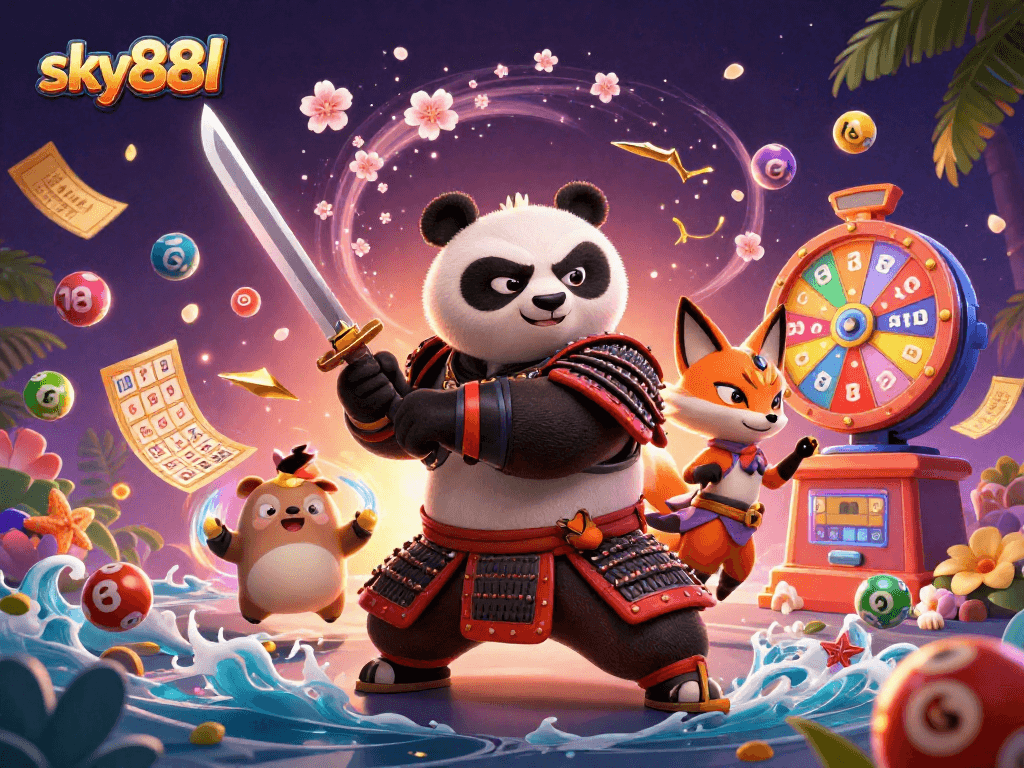 Engage in the vibrant world of sky88l with a dynamic illustration of a samurai panda and ninja fox amidst colorful gaming elements.