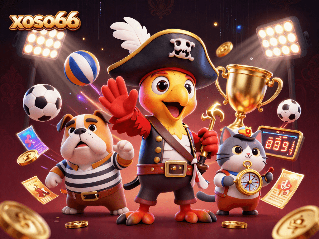 Engage in exciting gaming with xoso66, featuring a lively pirate scene surrounded by dynamic sports elements.