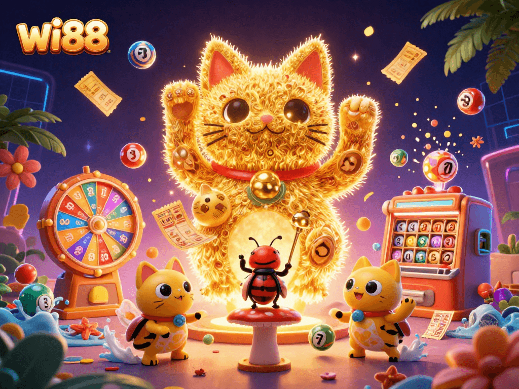 Experience the excitement of wi88 with vibrant cartoon characters depicting a lucky cat and fortune elements in a casino-themed setting.