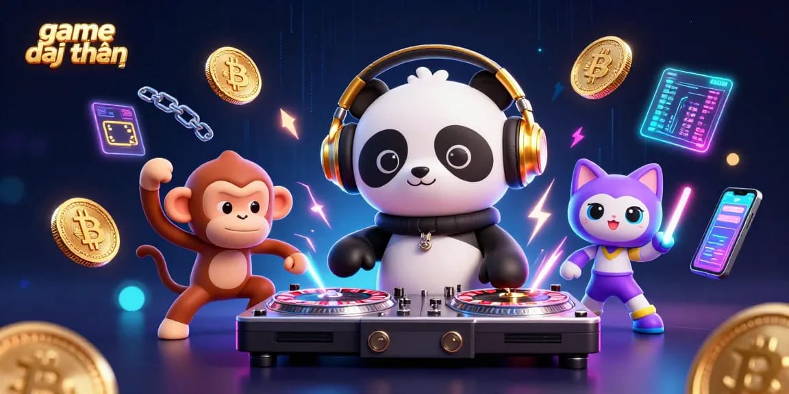 Experience game đổi thưởng excitement with DJ panda, dancing monkey, and glowing kitten in dynamic 3D scene.