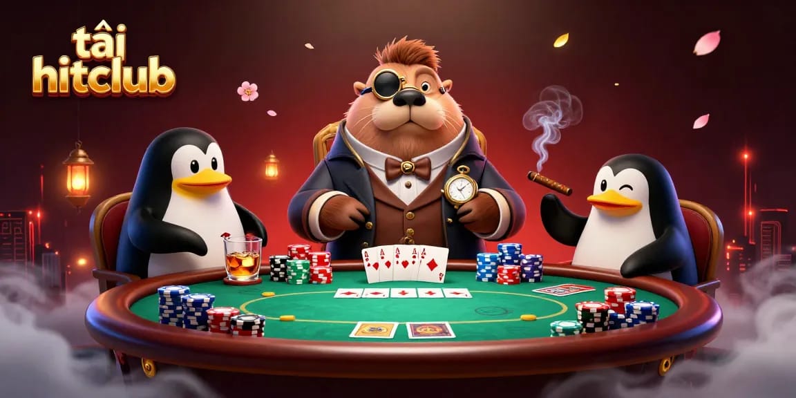 Experience the thrill of tải hitclub with a vibrant underwater poker scene featuring a clever walrus, skilled penguin dealer, and a bluffed pufferfish.