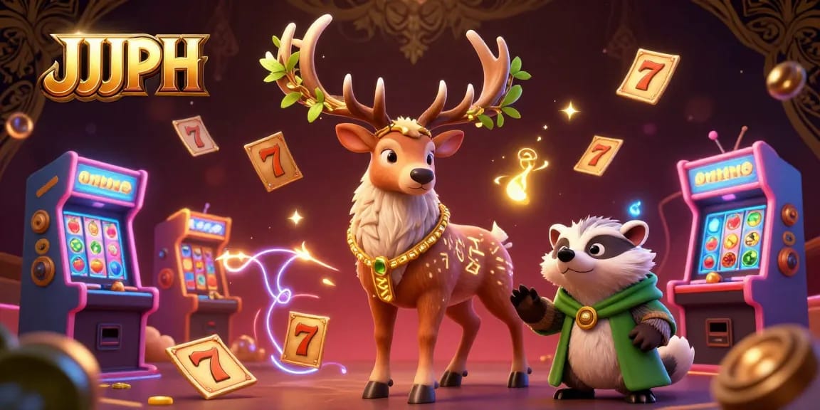 Experience the thrill of JJJPH with a vibrant casino scene featuring a Celtic druid stag and slot reels.