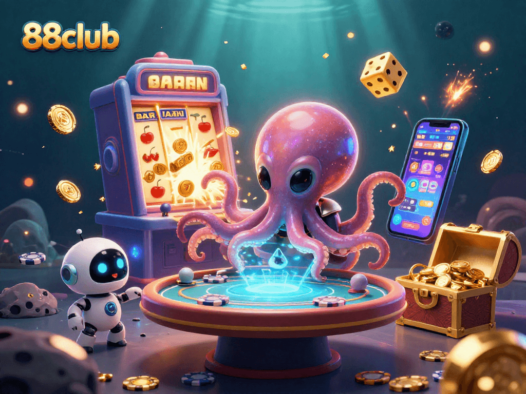Engage in the excitement of 88club with a vibrant alien casino scene featuring holographic games and jackpot animations.