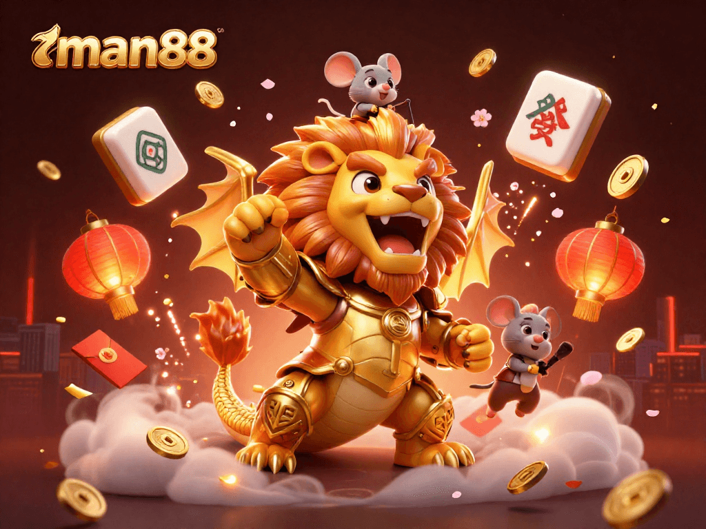 Experience thrilling gameplay with man88, featuring a roaring chimera and vibrant gambling elements.