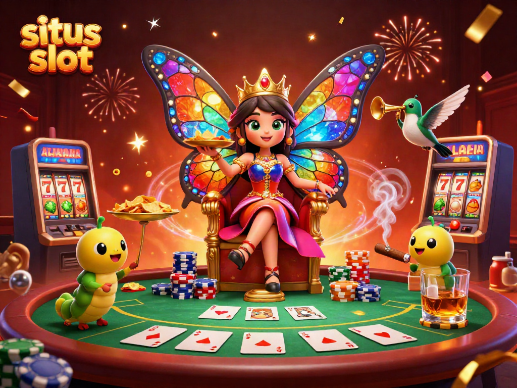Spin the reels at situs slot with a vibrant casino scene featuring a butterfly queen and poker elements.