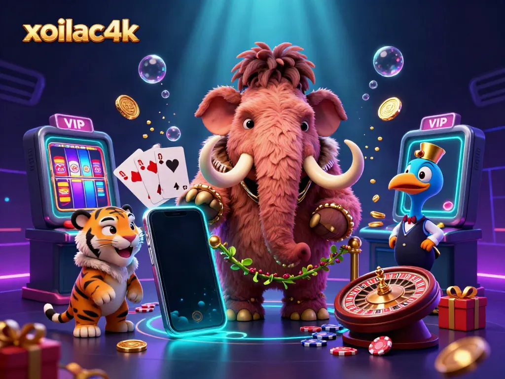 Exciting casino scene with xoilac4k characters, gold coins, and vibrant slot games.