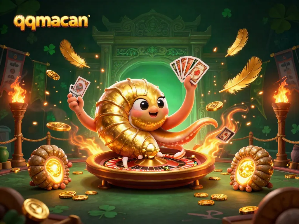 Experience qqmacan's dynamic gambling action with a luminous nautilus roulette and cards amidst an exciting game scene.