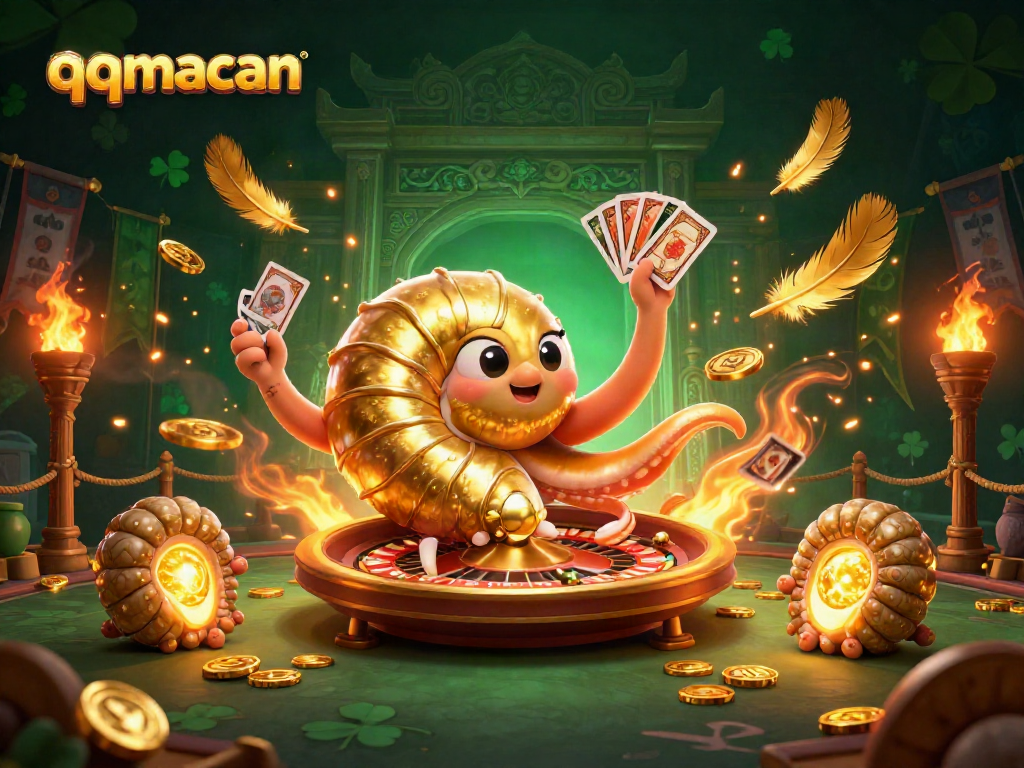 Experience qqmacan's dynamic gambling action with a luminous nautilus roulette and cards amidst an exciting game scene.