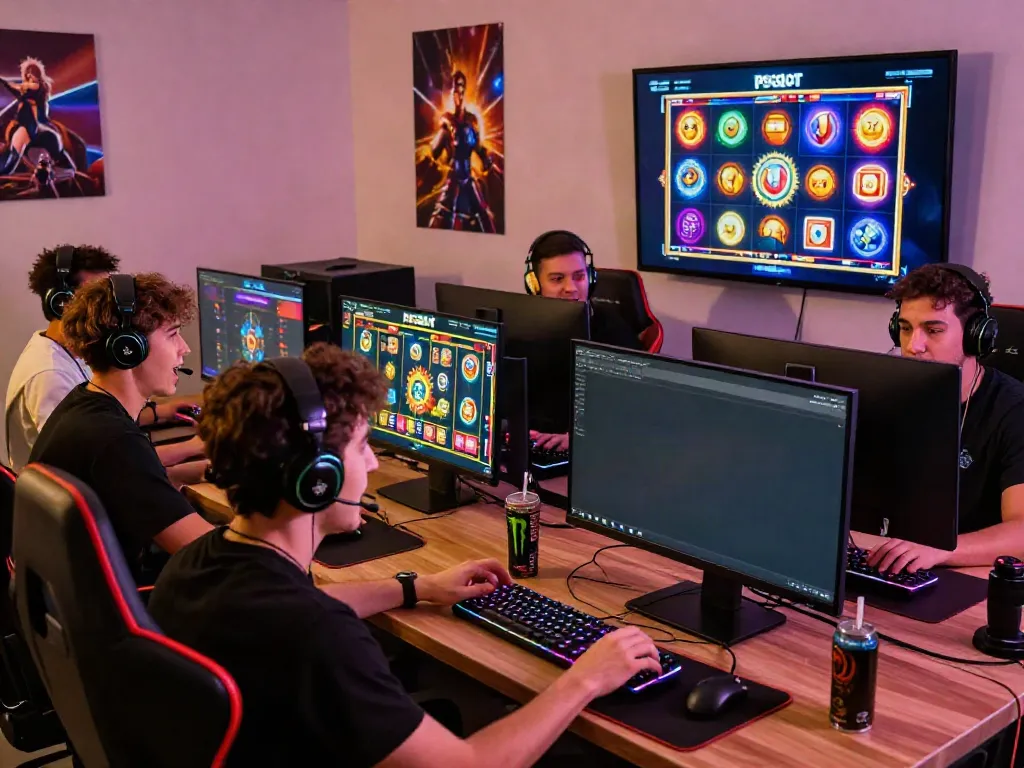Friends enjoying an exciting game of psgslot together in a colorful gaming room.