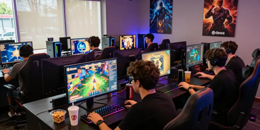 Bigdewa gaming session with friends enjoying online slots in a vibrant lounge