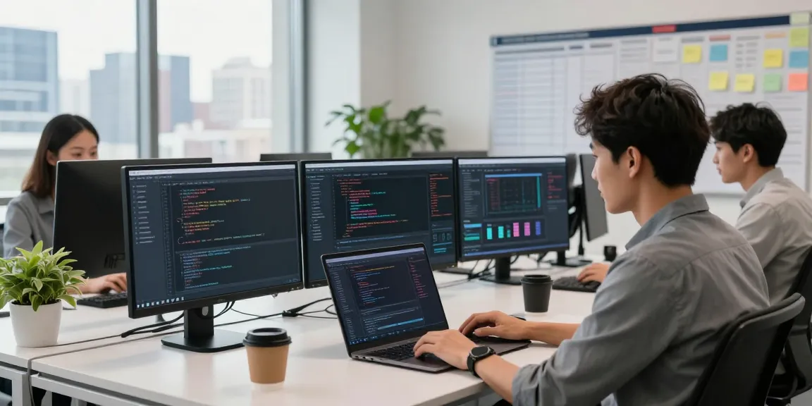 快连 enhancing collaboration in a modern tech workspace with developers coding and discussing analytics.