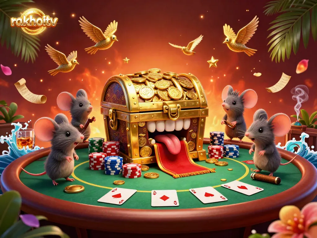 Engage with rakhoitv's vibrant 3D scene featuring a treasure chest, poker chips, and golden birds enticing players in a lively casino setting.