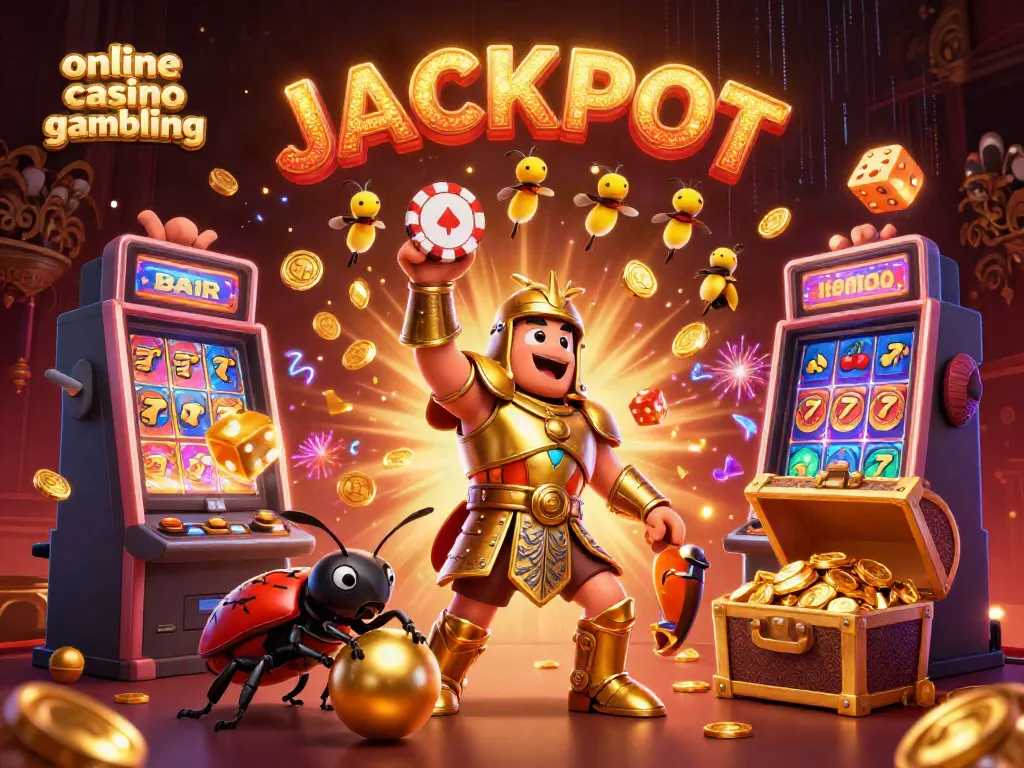 Experience online casino gambling with an adventurous beetle duo celebrating a jackpot amidst vibrant gaming icons.