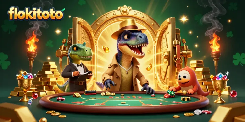 Experience the excitement of flokitoto with a cartoon velociraptor card counter at a lively blackjack table.