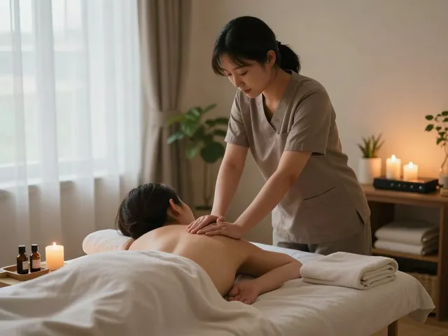 Relaxing 성남출장마사지 scene with a therapist and client in a serene home environment, highlighting soothing atmosphere.