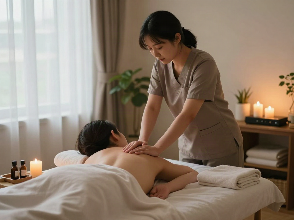 Relaxing 성남출장마사지 scene with a therapist and client in a serene home environment, highlighting soothing atmosphere.
