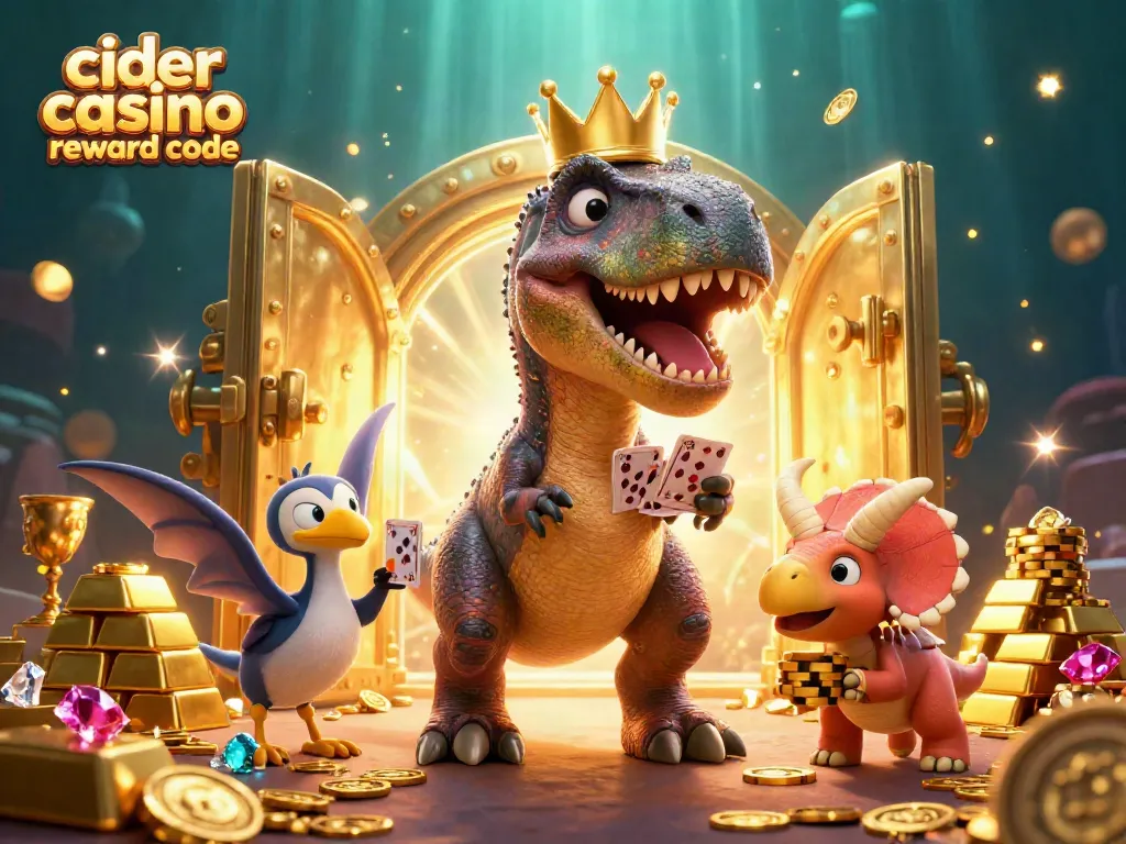 Play with the cider casino reward code, featuring a friendly T-Rex and dynamic casino elements.