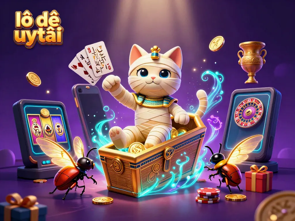 Engaging scene of lô đề uy tín featuring a mummy cat and scarab with vibrant casino elements.