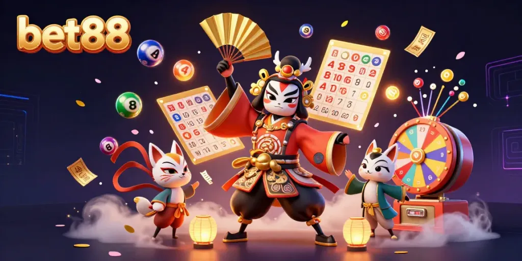 Engage with bet88's vibrant casino experience, featuring a kabuki warrior and kitsune in dynamic action.