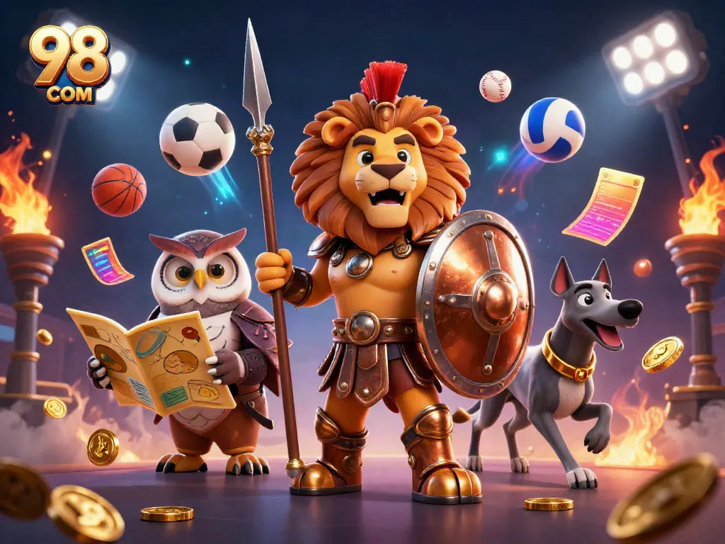 Engaging scene showcasing 98 WIN COM with a Spartan lion, owl strategist, and greyhound messenger amidst dynamic sports elements.