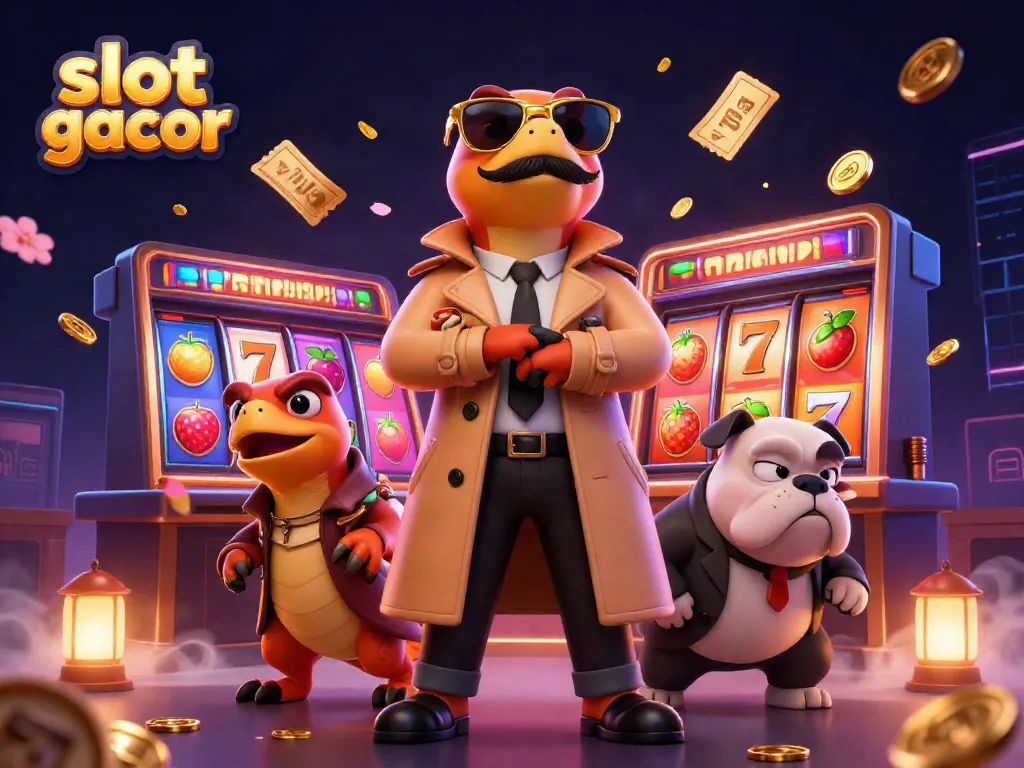 Engage in slot gacor with colorful characters at a VIP lounge amidst a dynamic casino atmosphere.