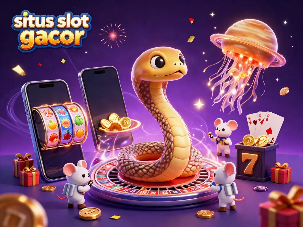 Pemain bertaruh pada situs slot gacor dengan simbol slot berputar dan dealer kosmik, penuh warna dan kemeriahan.