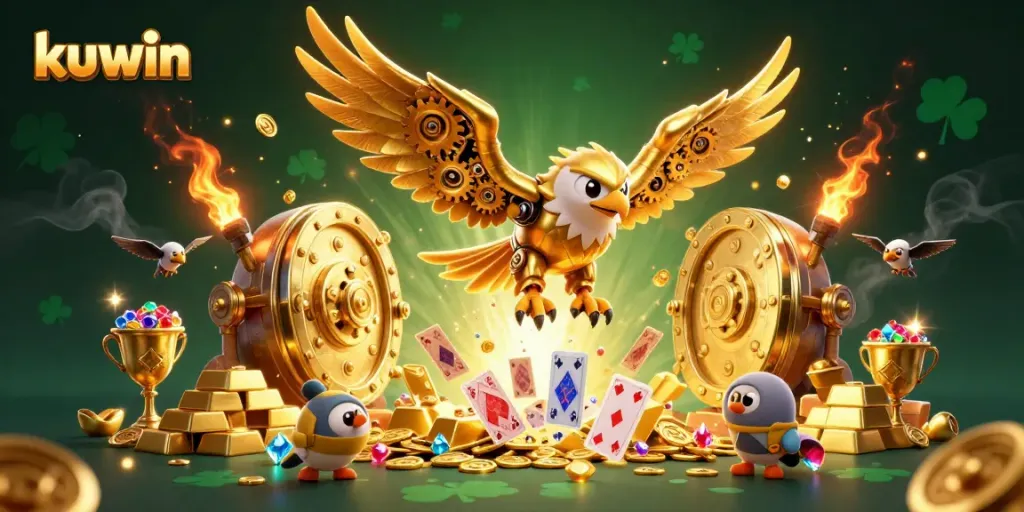 Kuwin represents a thrilling online gaming experience, capturing action with a cybernetic eagle amidst cascading playing cards.