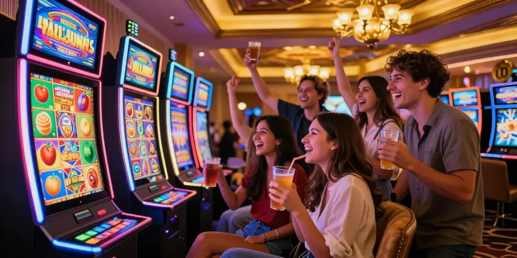 Friends enjoying a lively casino atmosphere while playing สล็อต on a vibrant slot machine.
