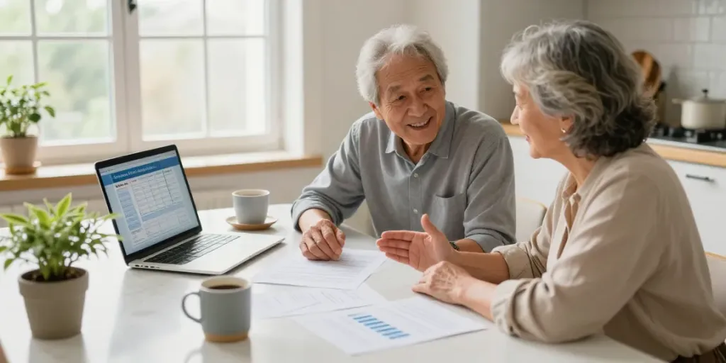 Couple exploring reverse mortgages options at home with financial documents and laptop.