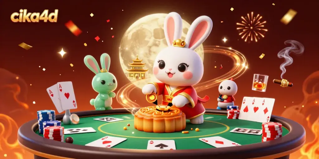 Cika4d showcases a vibrant 3D casino scene with moon rabbits and poker chips, celebrating gambling excitement.