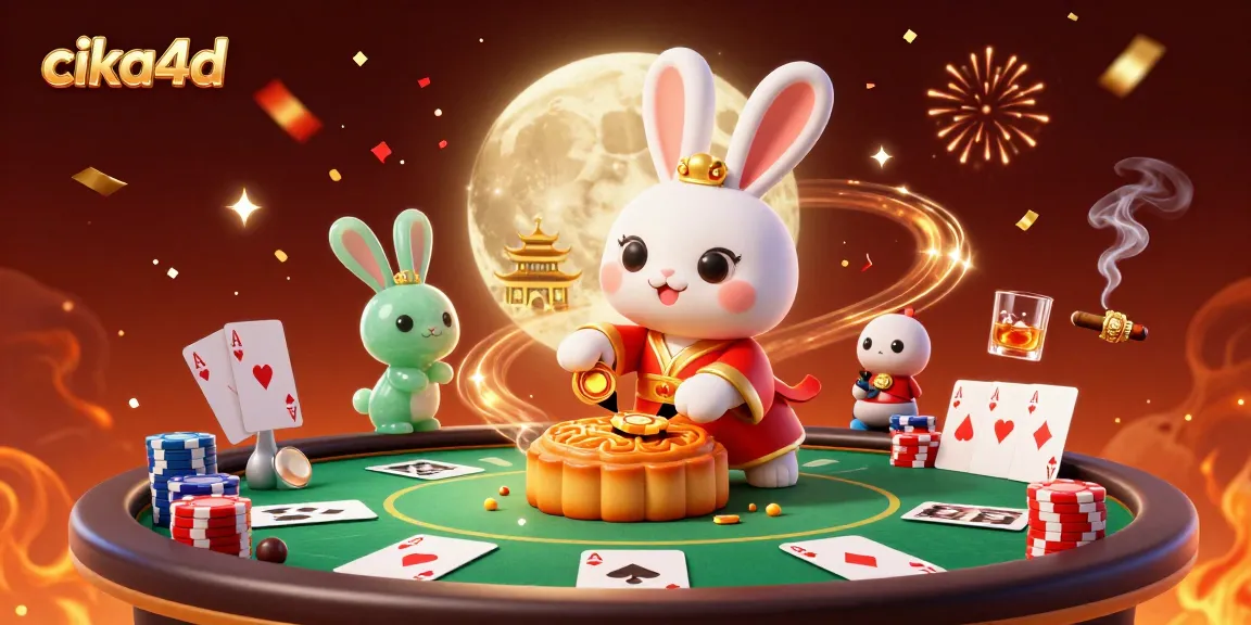Cika4d showcases a vibrant 3D casino scene with moon rabbits and poker chips, celebrating gambling excitement.