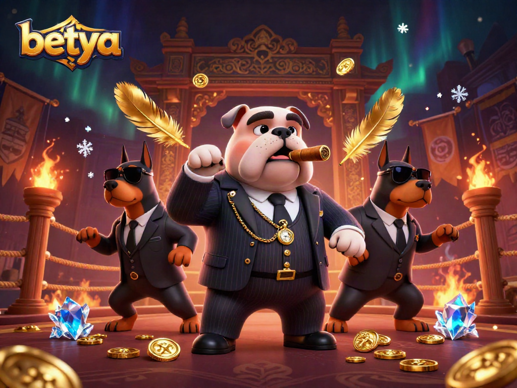 Experience the thrill at Betya with a dynamic casino scene featuring a mafia bulldog and bodyguards.