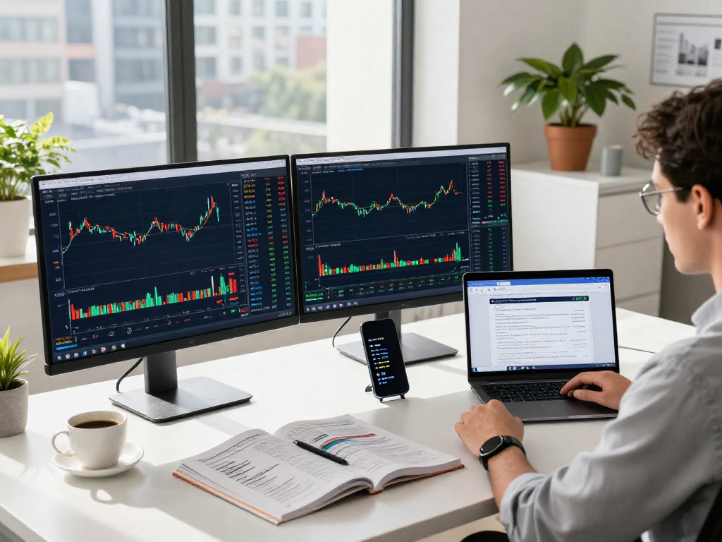 使用TradingView官网进行投资分析的交易员在现代办公环境中专注工作，展示市场动态。