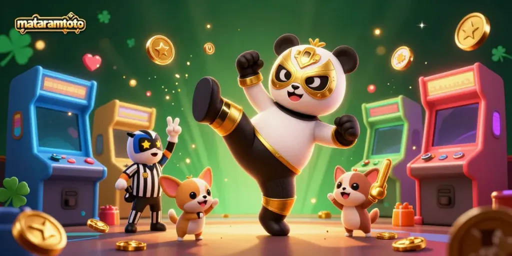 Engage with mataramtoto's vibrant 3D casino illustration featuring a panda wrestler and game elements, showcasing excitement and gaming
