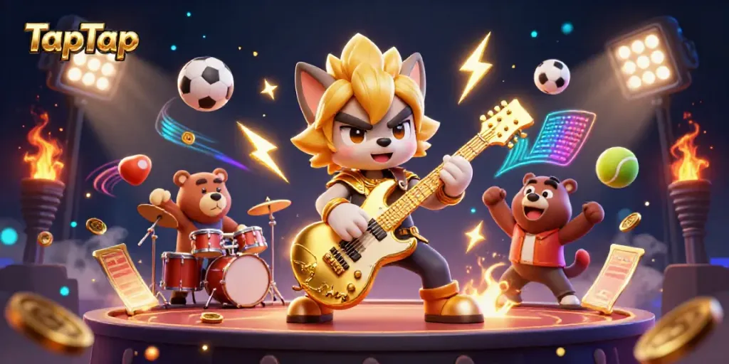 TapTap promotes gaming excitement with a dynamic casino stage featuring a rock star wolf and drummer bear