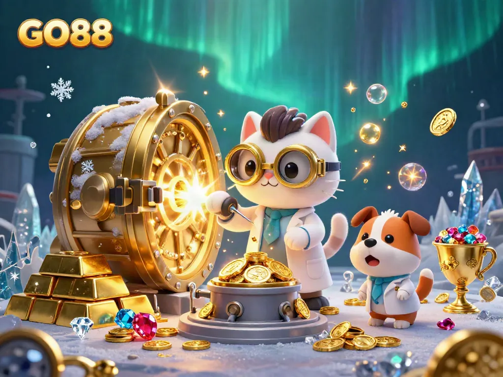 Experience the thrill of gaming with GO88 as golden treasures and gems surround playful cartoon characters.