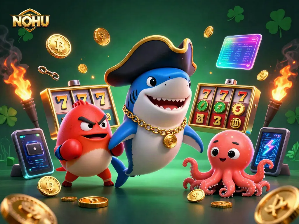 Spin jackpots with NOHU's exciting slot games, featuring vibrant characters and gold coins.
