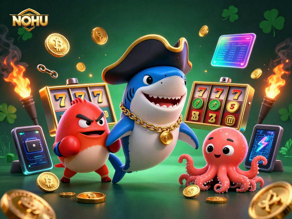 Spin jackpots with NOHU's exciting slot games, featuring vibrant characters and gold coins.
