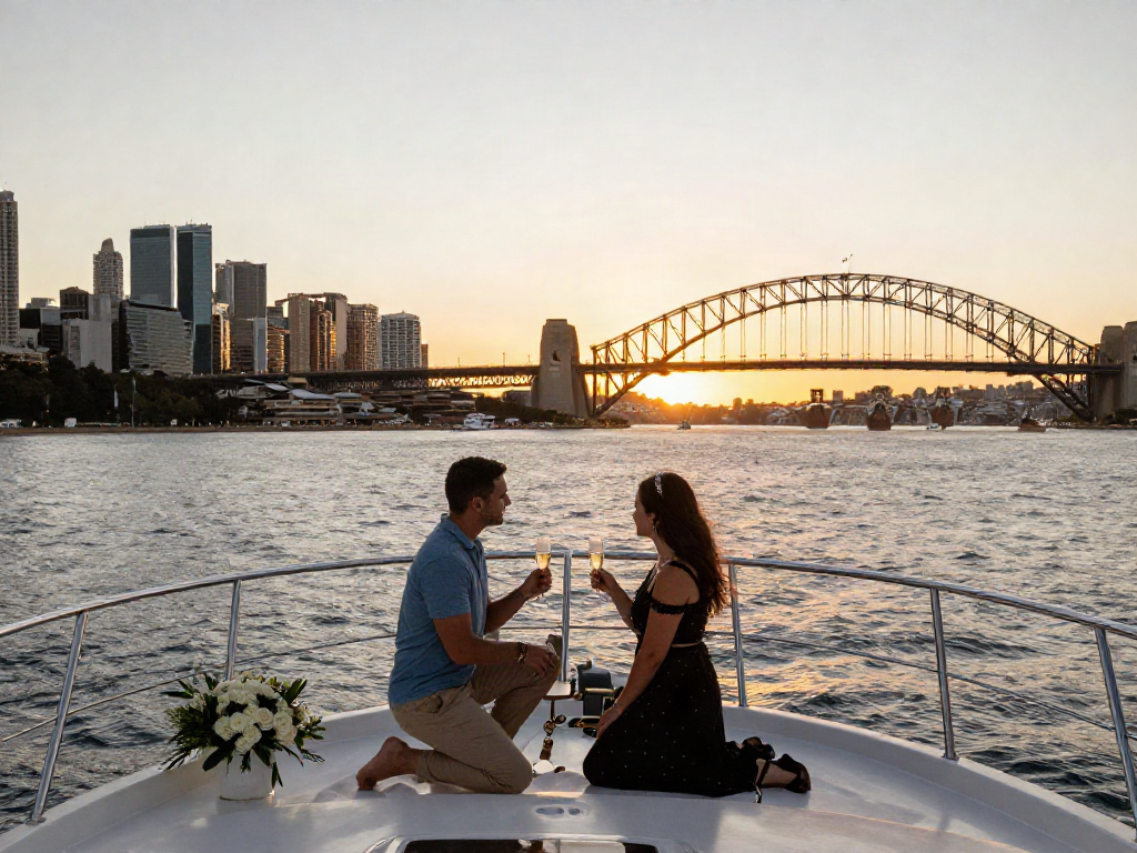 Romantic proposal boat cruise Sydney with couple on yacht, sunset backdrop, and skyline views