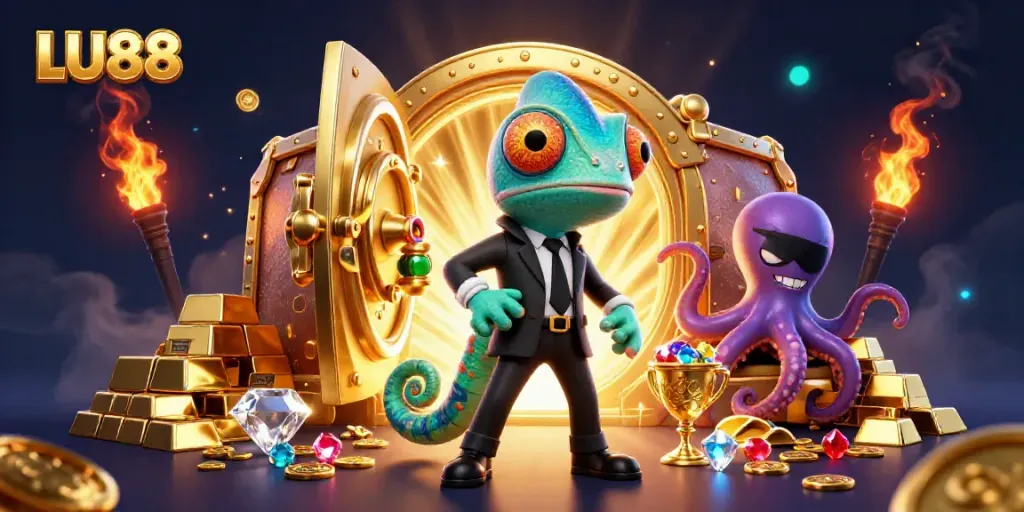 LU88’s secret agent chameleon and companions celebrate a jackpot with gold treasures and casino elements in a vibrant scene.